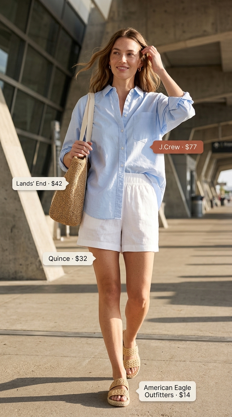 Comfy airport outfits summer for women 2026: White linen shorts, sky blue shirt, straw bag & espadrilles for beach vacation.