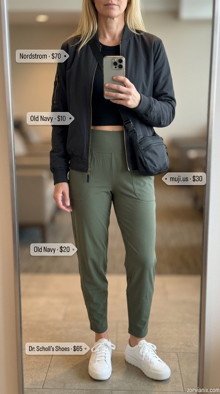 Comfy airport outfits summer for women 2026: Olive joggers, black tank, bomber jacket, white sneakers & crossbody bag.