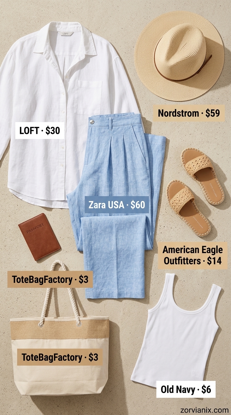 Comfy airport outfits summer for women 2026: Light blue linen pants, white tank, oversized shirt, straw hat, and espadrilles for a tropical vacation.
