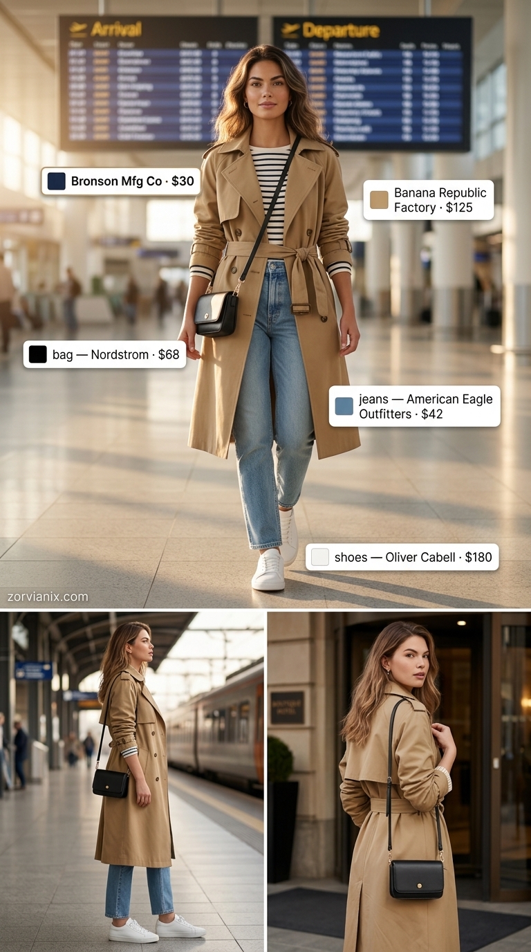 Comfy airport outfits summer for women 2026: Denim jeans, Breton stripe tee, trench coat, white sneakers for urban travel.
