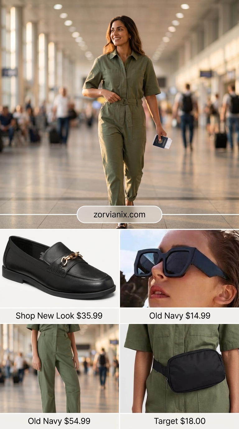 Comfy airport outfits summer for women 2026: Khaki utility jumpsuit, black loafers, belt bag for short flights.