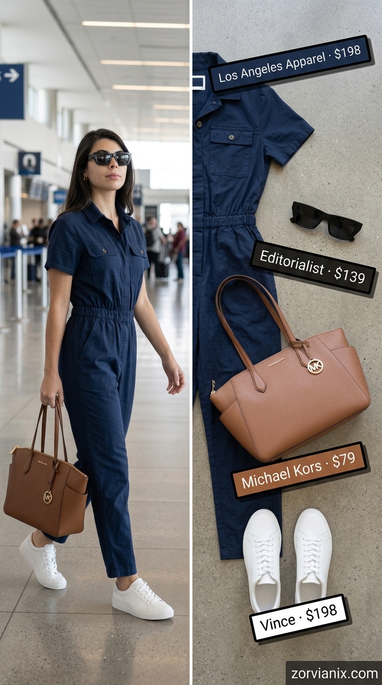 Comfy airport outfits summer for women 2026: Navy utility jumpsuit, white sneakers, tan tote for business travel.