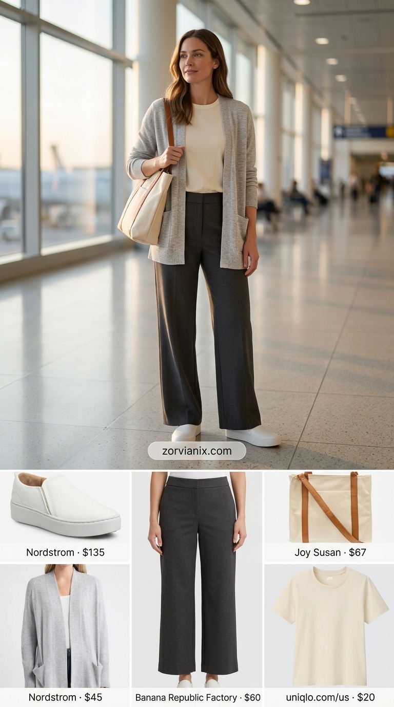 Comfy airport outfits summer for women 2026: Charcoal knit pants, cream tee, cardigan for long flights.