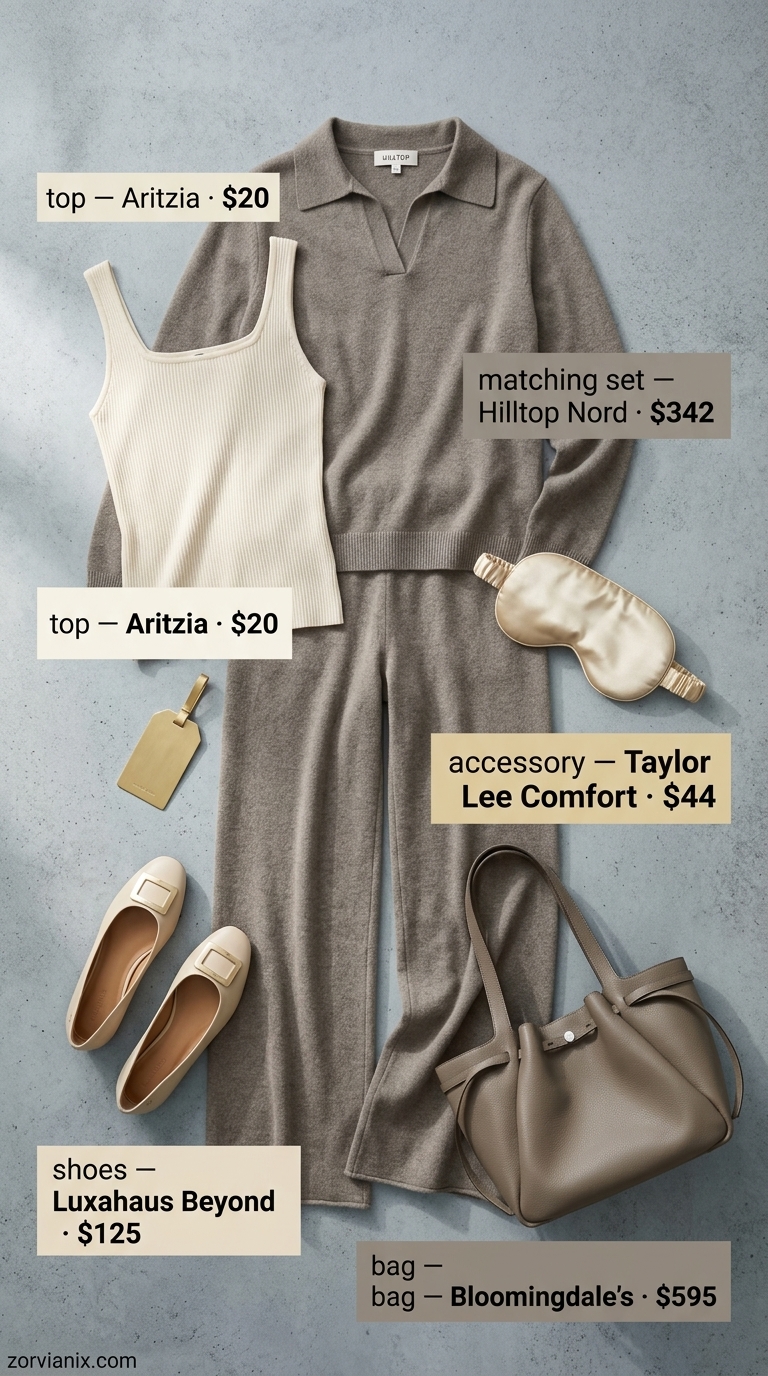 Comfy airport outfits summer for women 2026: Greige knit set, cream flats, leather bag for luxury travel.