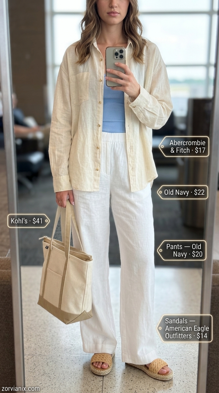 Comfy airport outfits summer for women 2026: White linen pants, sky blue tank, oversized shirt for vacation.