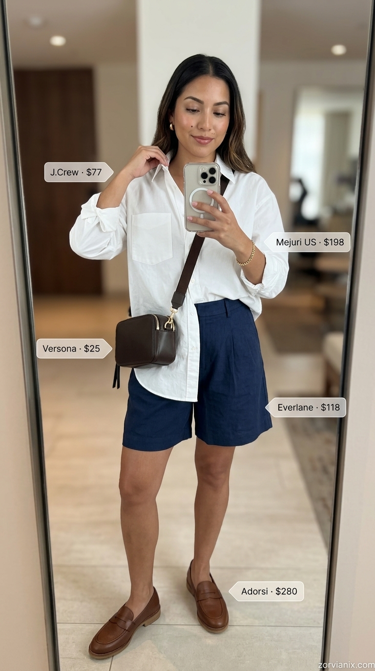 Comfy airport outfits summer for women 2026: Navy linen shorts, white shirt, brown crossbody for weekend getaways.