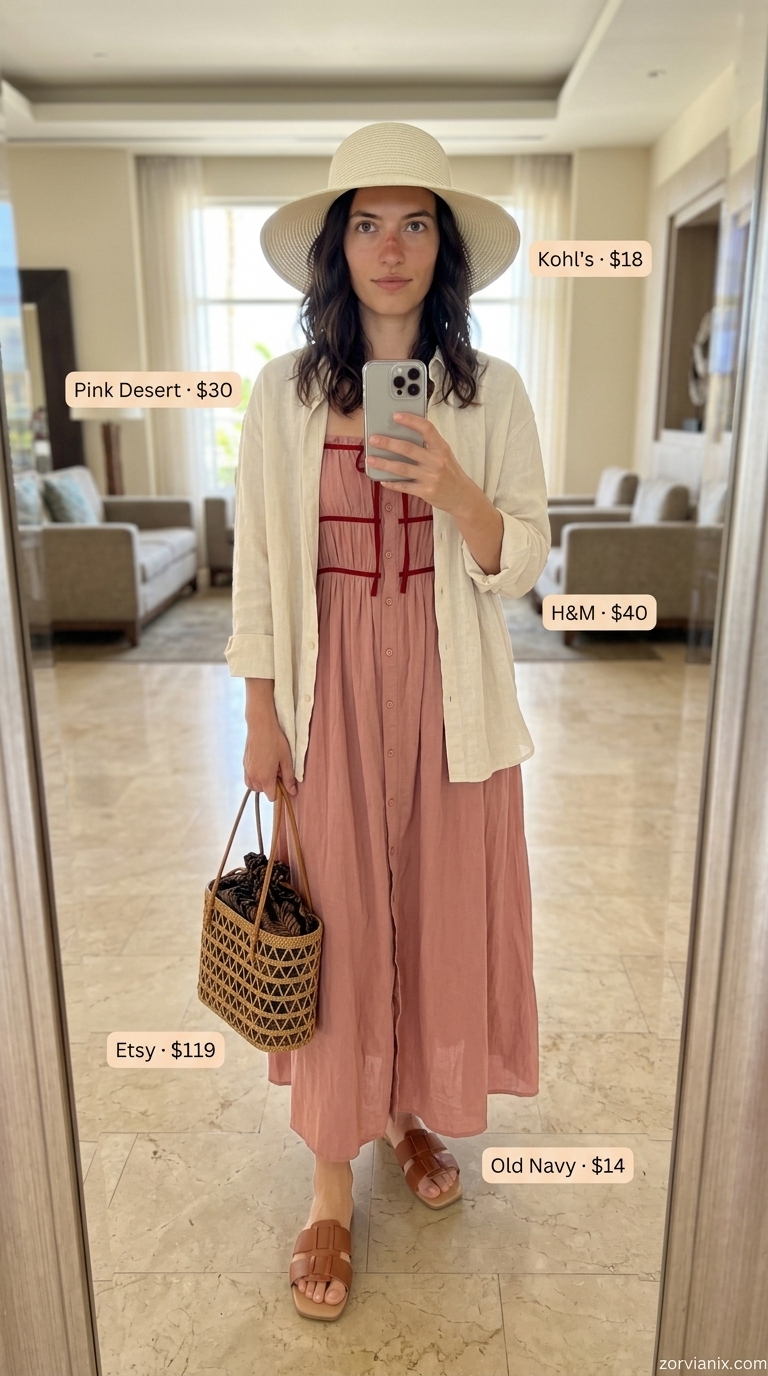 Comfy airport outfits summer for women 2026: Terracotta maxi dress, straw hat, linen shirt for beach vacations.