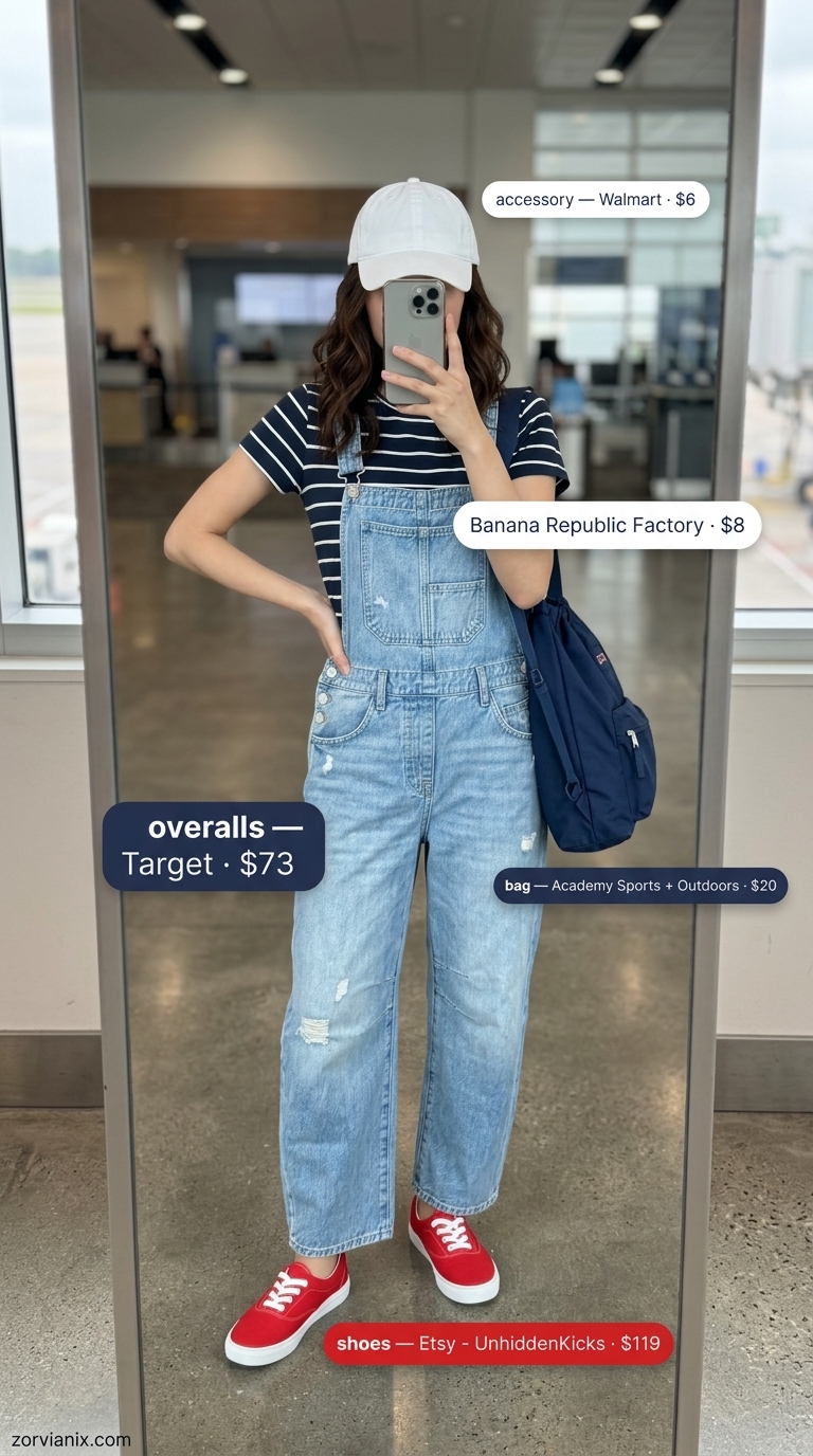 Comfy airport outfits summer for women 2026: Denim overalls, striped tee, canvas backpack for adventure travel.