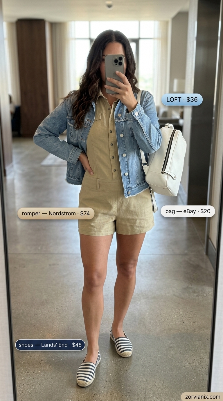 Comfy airport outfits summer for women 2026: Khaki linen romper, denim jacket, navy backpack for weekend trips.