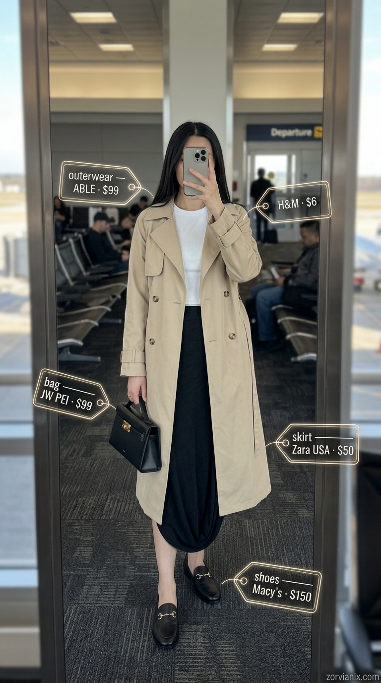 Comfy airport outfits summer for women 2026: Black midi skirt, white tee, camel trench coat for business trips.