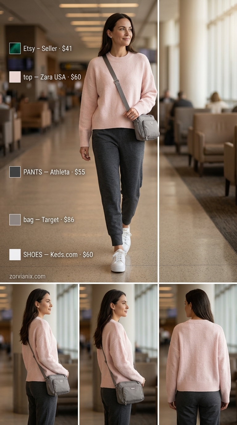 Comfy Cotton Summer Outfits 2026: Airport Travel Style Comfy cotton summer outfits for women 2026: Charcoal grey joggers, blush pink top, white sneakers for travel.