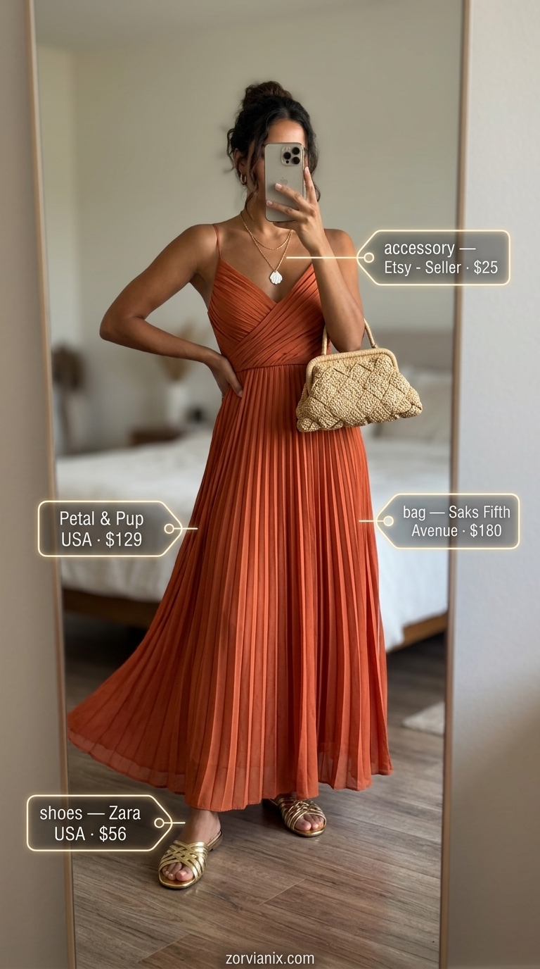 Comfy Cotton Summer Outfits 2026: Beach Dinner Style Comfy cotton summer outfits for women 2026: Sunset orange tiered maxi dress, gold necklaces, raffia clutch, and flat sandals for beach dinner.