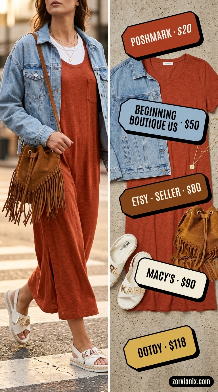 Comfy Cotton Summer Outfits 2026: Boho Festival Style Comfy cotton summer outfits for women 2026: Rust orange maxi dress, denim jacket, espadrilles for festivals.