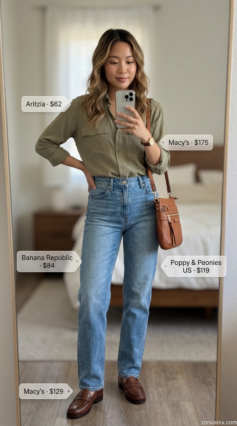 Comfy Cotton Summer Outfits 2026: Casual Friday Office Comfy cotton summer outfits for women 2026: Olive green shirt, light wash jeans, loafers for casual Friday.
