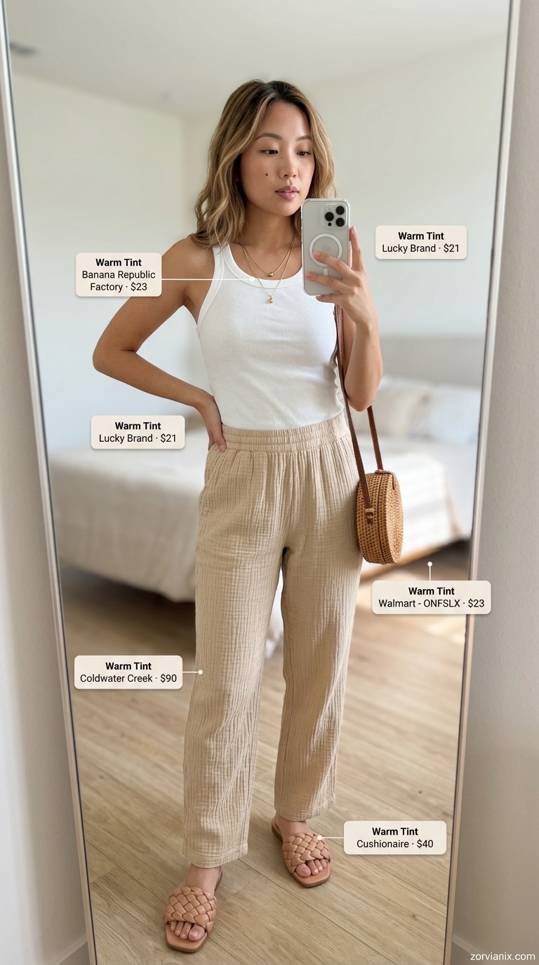 Comfy Cotton Summer Outfits 2026: Coastal Morning Style Comfy cotton summer outfits for women 2026: Natural beige cotton gauze pants, white tank, tan slides, and straw crossbody for coastal morning.
