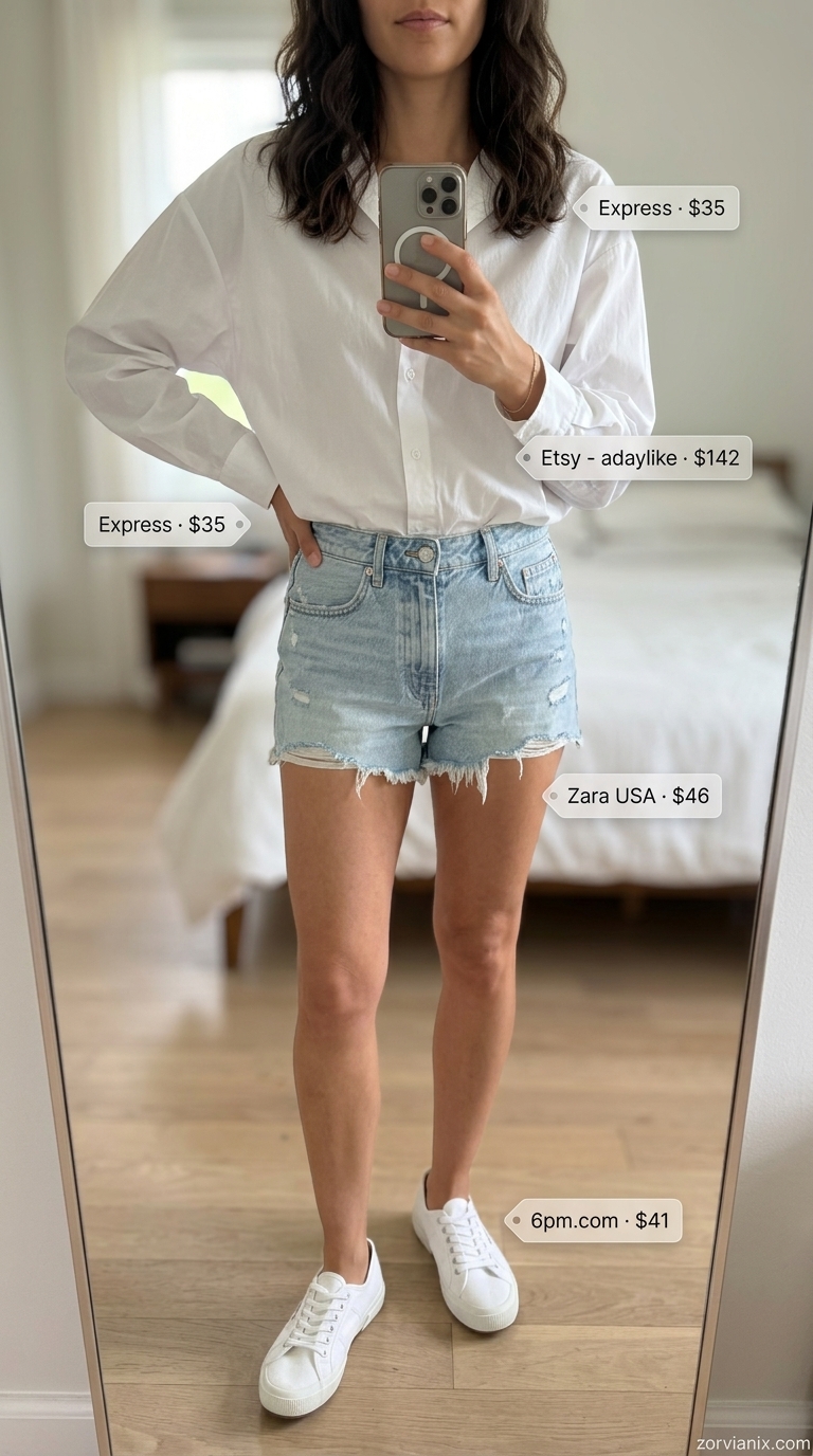 Comfy Cotton Summer Outfits 2026: Casual Lunch Style Comfy cotton summer outfits for women 2026: White oversized shirt, denim shorts, canvas sneakers & tote for casual lunch.