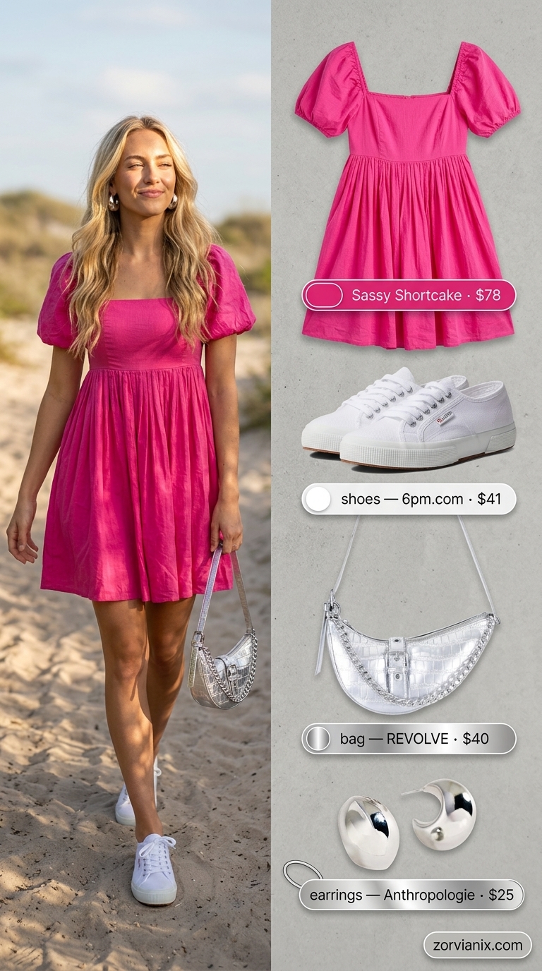 Comfy Cotton Summer Outfits 2026: Festival Fuchsia Dress Comfy cotton summer outfits for women 2026: Bright fuchsia cotton babydoll dress, white sneakers, silver bag, and hoop earrings for festival.