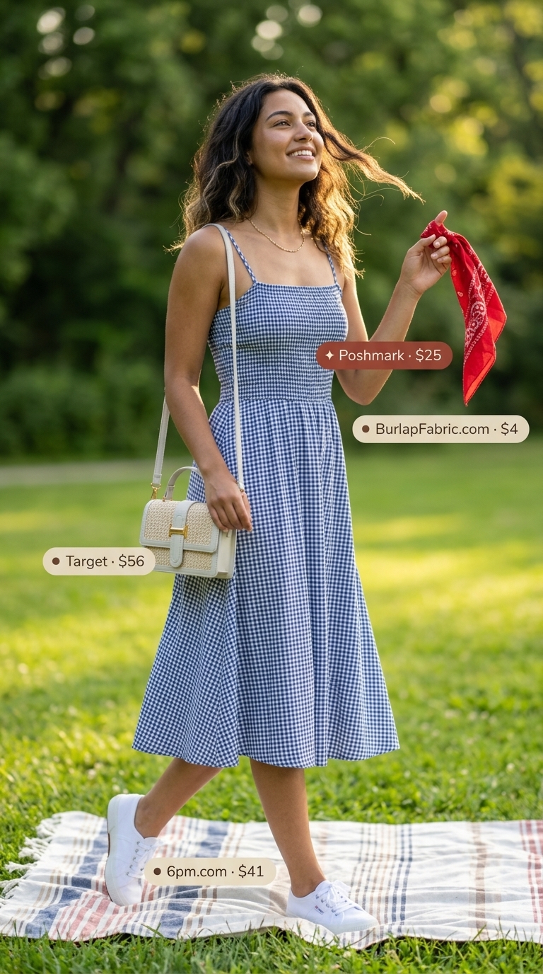 Comfy cotton summer outfits for women 2026: Blue gingham sundress, canvas sneakers, straw crossbody for picnic.