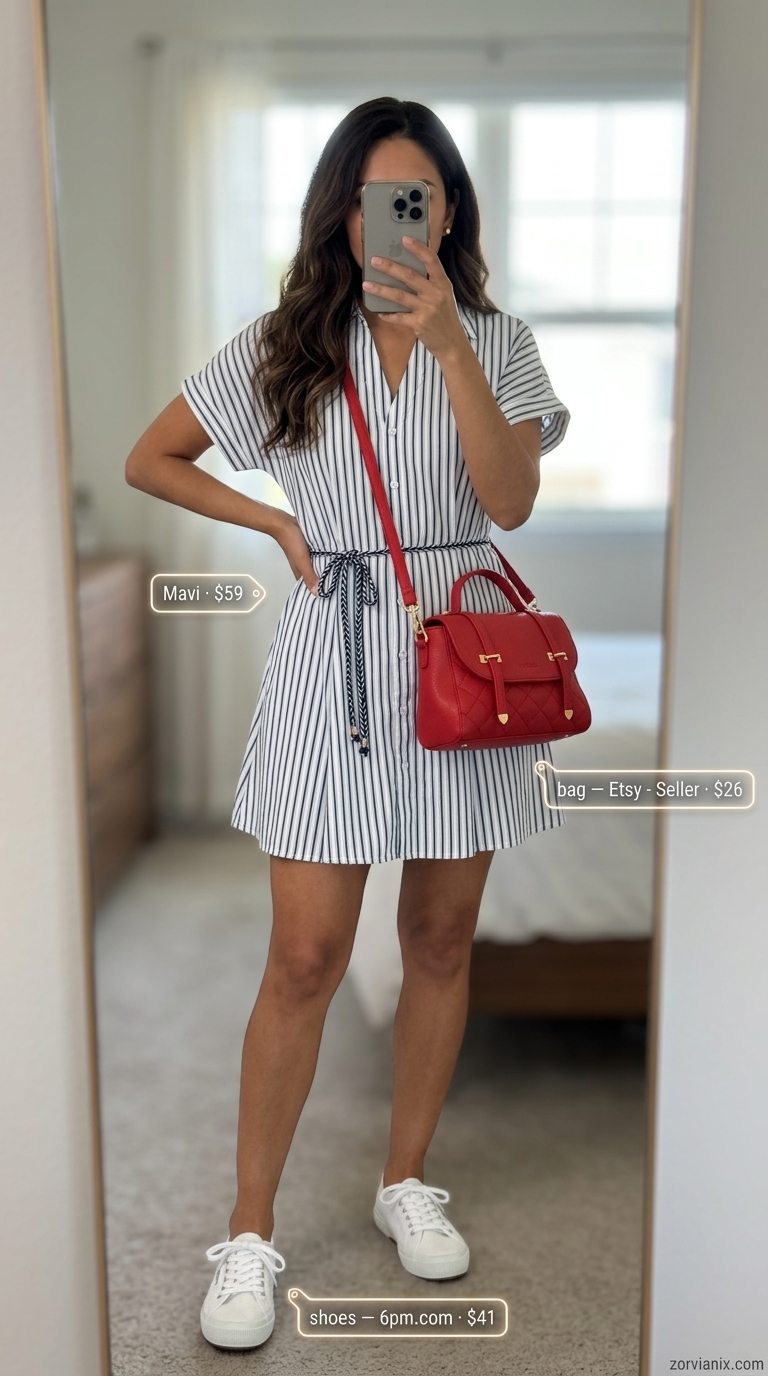 Comfy Cotton Summer Outfits 2026: Weekend Getaway Look Comfy cotton summer outfits for women 2026: Navy and white striped cotton shirtdress, canvas sneakers, and red crossbody bag for weekend getaway.