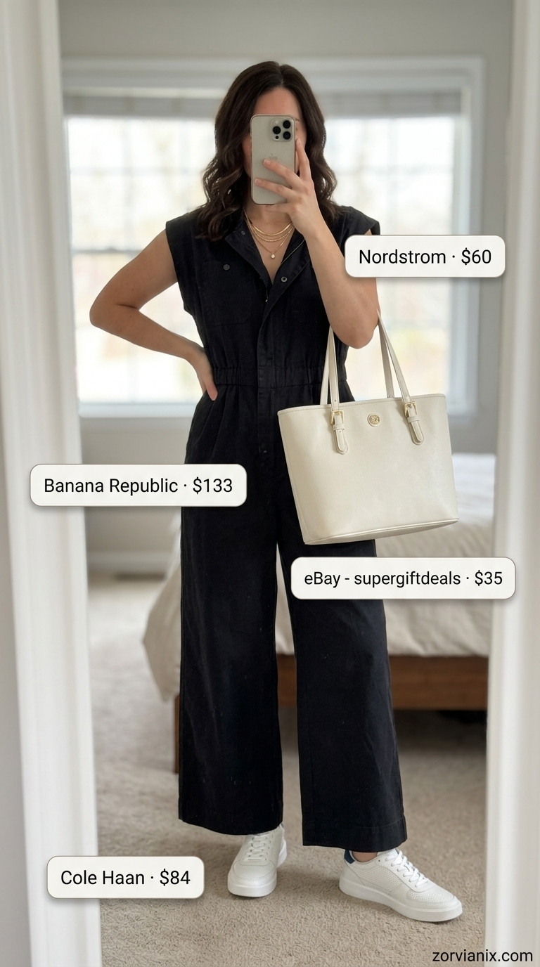 Comfy Cotton Summer Outfits 2026: Travel Day Chic Comfy cotton summer outfits for women 2026: Washed black utility jumpsuit, white sneakers, layered gold necklaces.