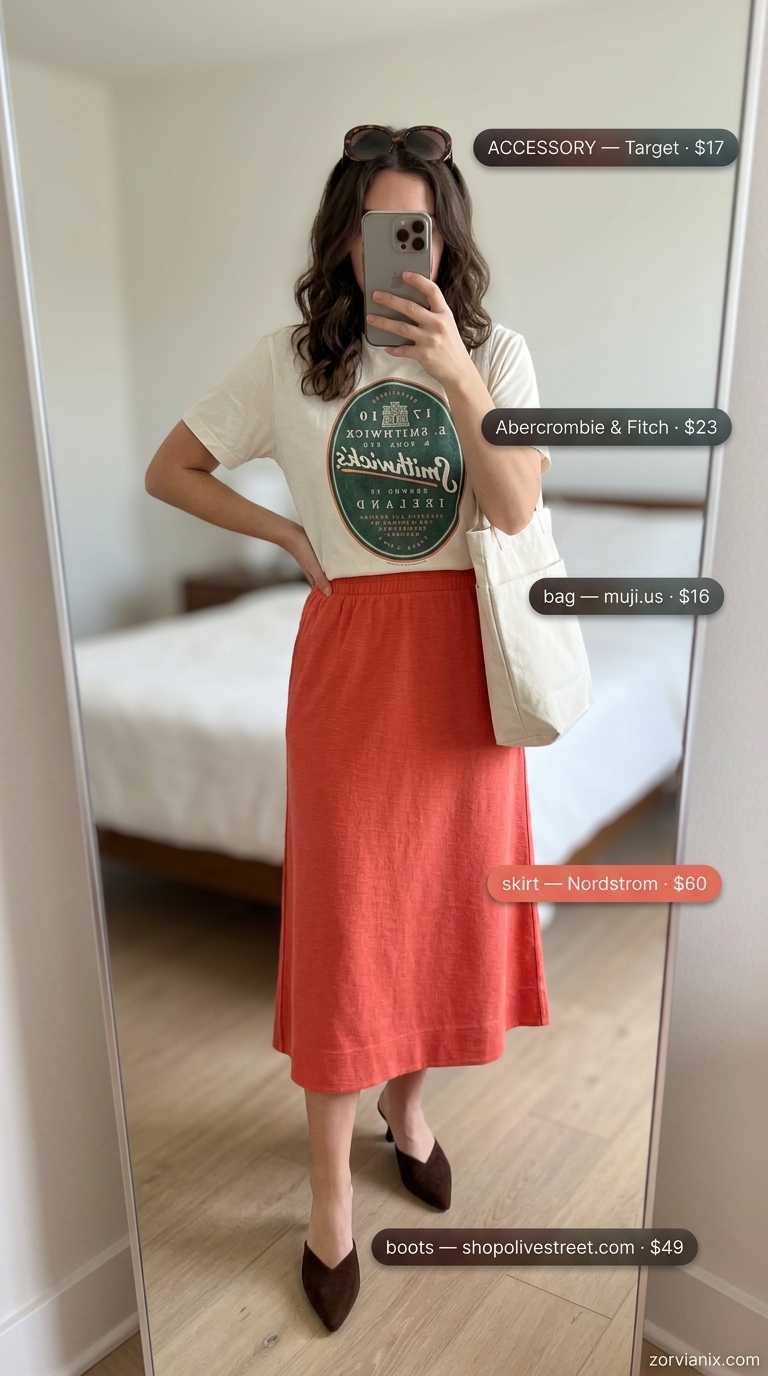 Comfy Cotton Summer Outfits 2026: Bookstore Date Comfy cotton summer outfits for women 2026: Terracotta knit skirt, graphic tee, canvas tote for bookstore date.