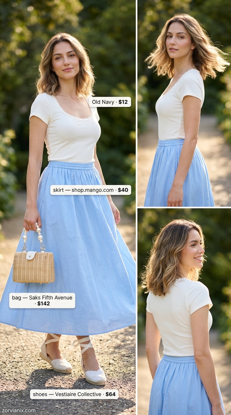 Comfy Cotton Summer Outfits 2026: Lakeside Picnic Style Comfy cotton summer outfits for women 2026: Sky blue cotton midi skirt, white knit top, straw bag, and espadrilles for lakeside picnic.
