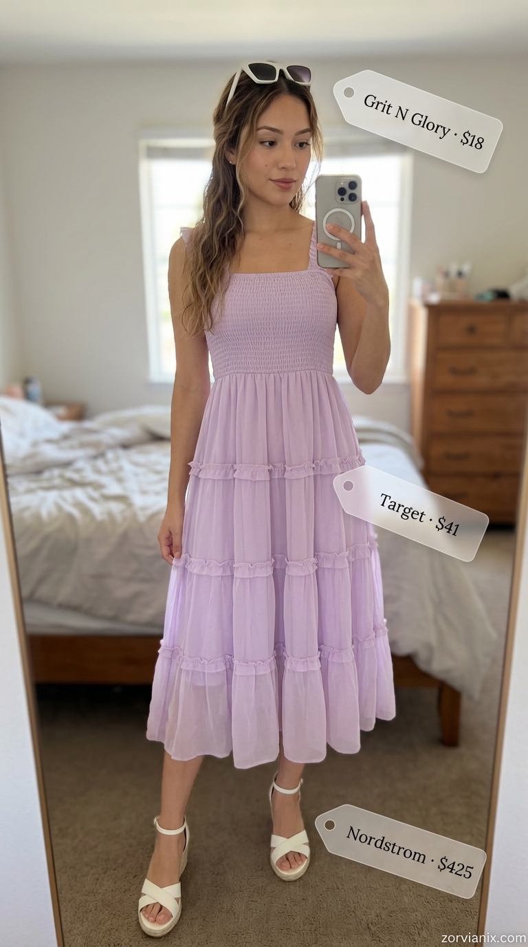 Comfy Cotton Summer Outfits 2026: Lavender Picnic Style Comfy cotton summer outfits for women 2026: Lavender midi dress, espadrilles, raffia bag for picnic.