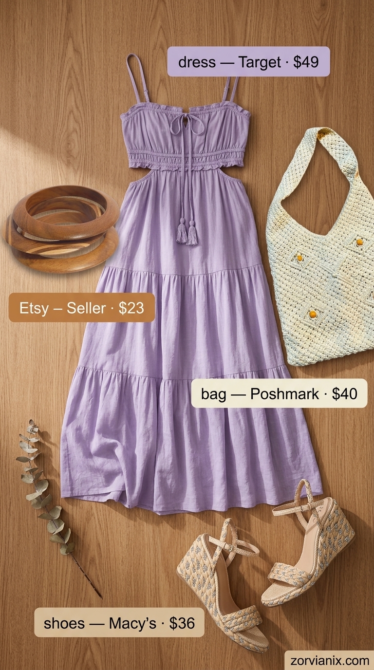Comfy Cotton Summer Outfits 2026: Lavender Field Style Comfy cotton summer outfits for women 2026: Soft lavender cotton sundress, jute espadrilles, woven crossbody, and wood bangles for lavender fields.