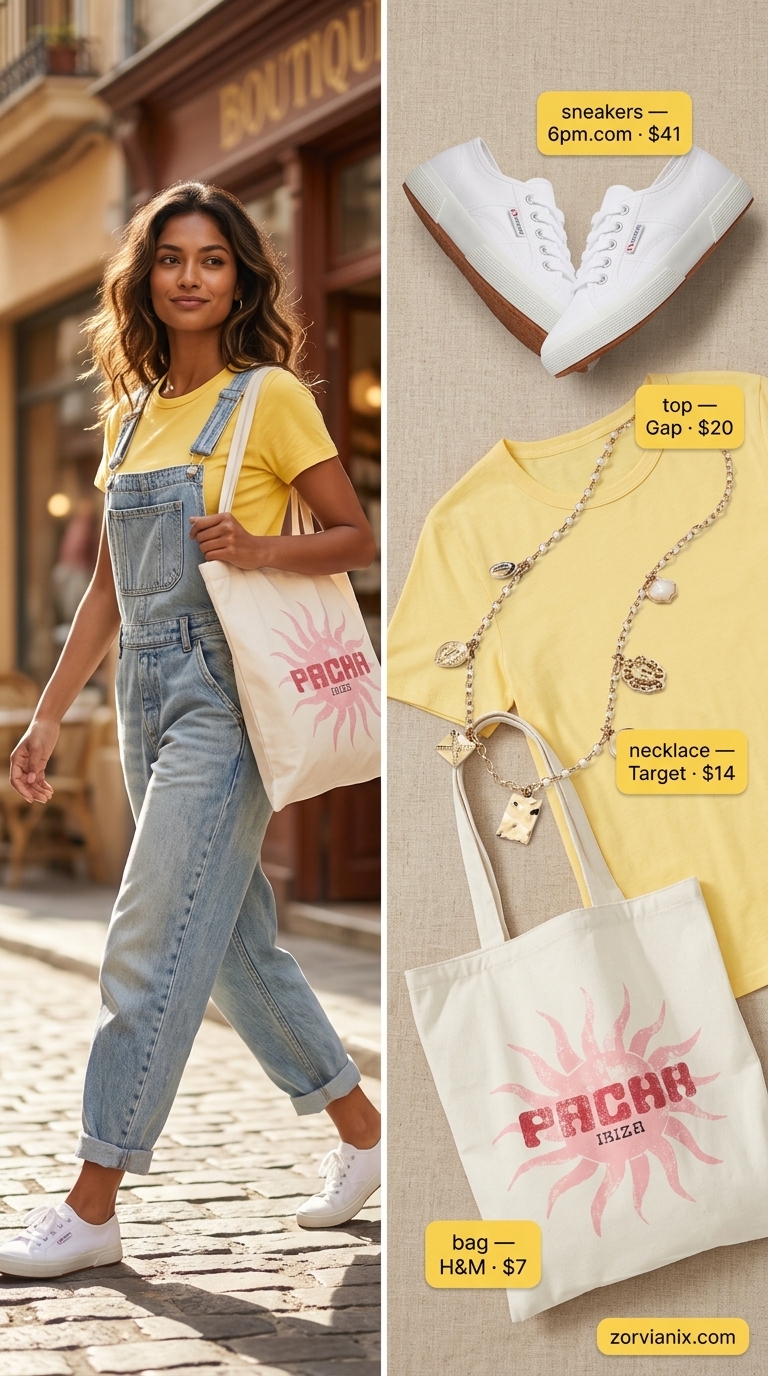 Comfy Cotton Summer Outfits 2026: Market Stroll Look Comfy cotton summer outfits for women 2026: Light wash denim overalls, yellow tee, white canvas sneakers, and graphic tote for market stroll.