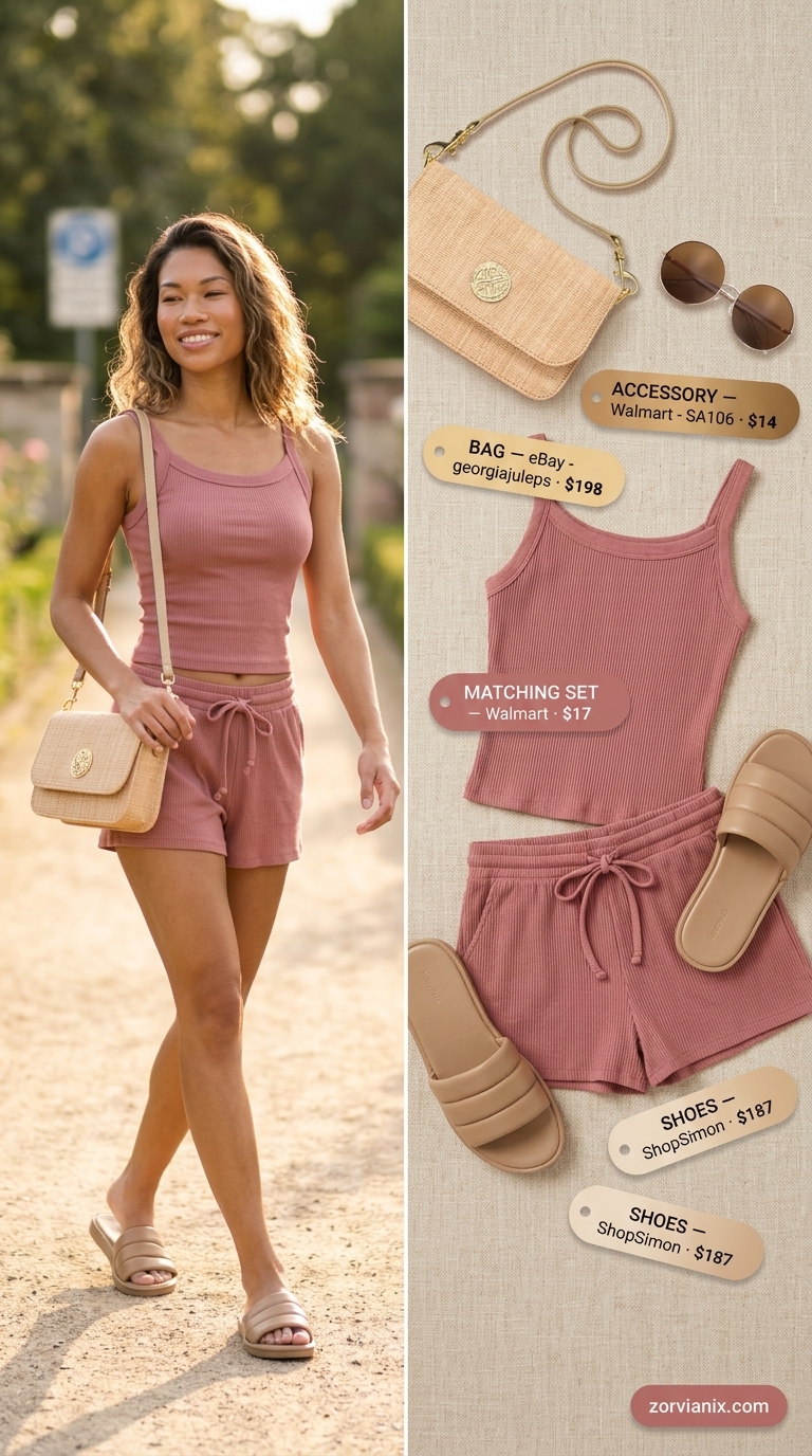 Comfy Cotton Summer Outfits 2026: Resort Relaxation Comfy cotton summer outfits for women 2026: Dusty rose knit matching set, cream slides, straw bag for resort wear.