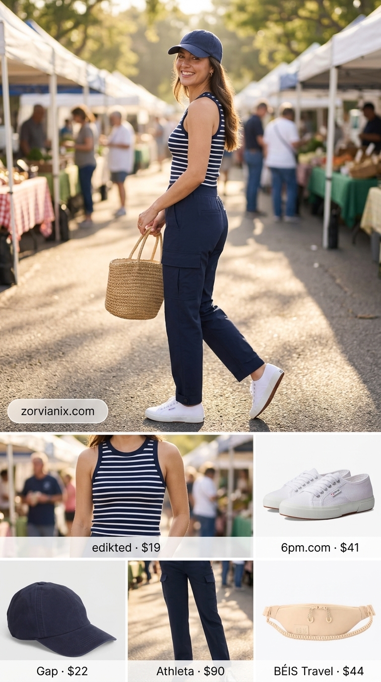 Comfy Cotton Summer Outfits 2026: Market Cargo Pants Comfy cotton summer outfits for women 2026: Navy cotton cargo pants, striped tank, canvas sneakers, and belt bag for weekend market.