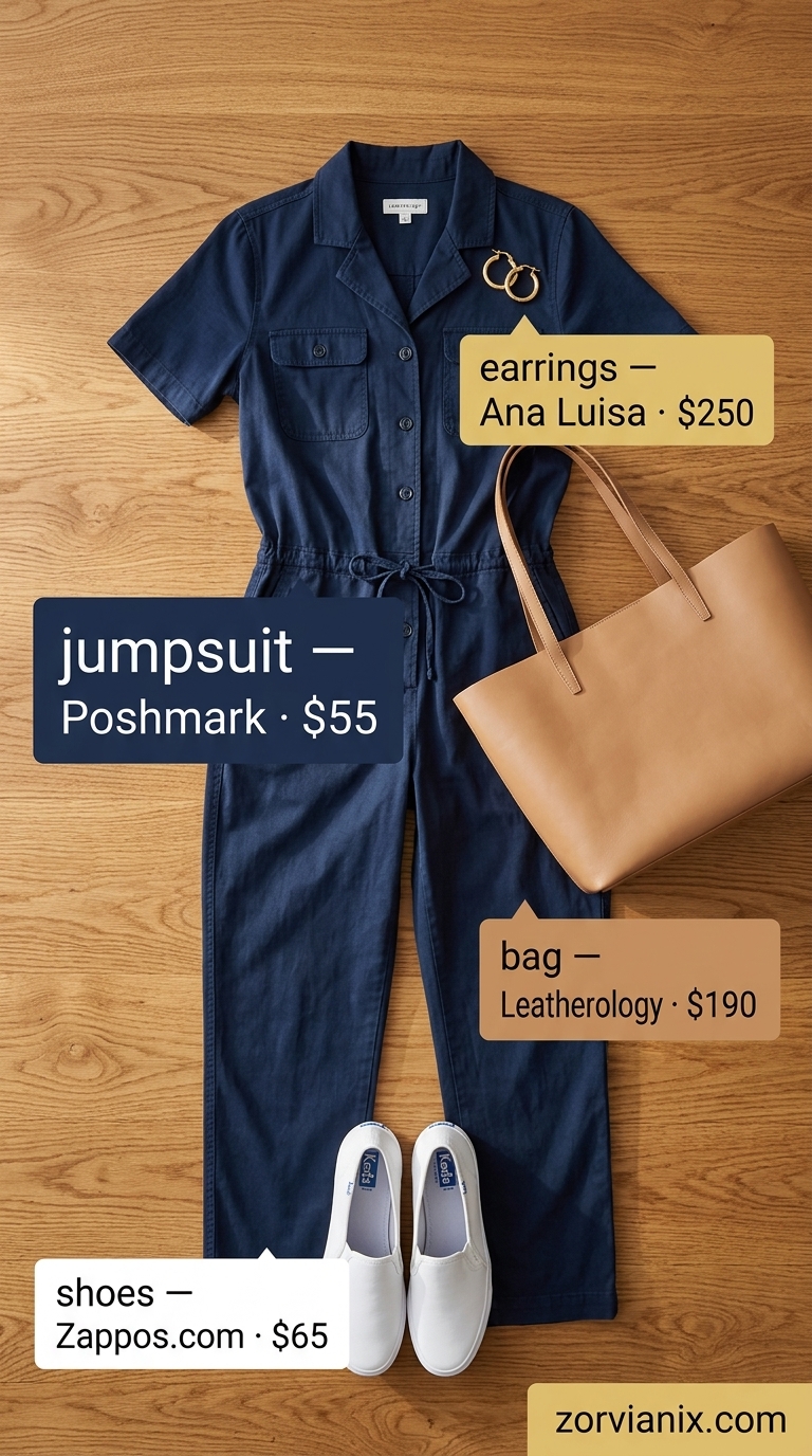 Comfy Cotton Summer Outfits 2026: Navy Nomad Travel Comfy cotton summer outfits for women 2026: Navy utility jumpsuit, white sneakers, tan tote for travel.