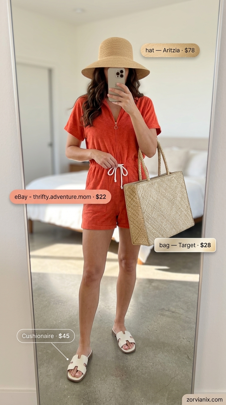 Comfy Cotton Summer Outfits 2026: Poolside Romper Comfy cotton summer outfits for women 2026: Bright coral terry cloth romper, cream slides, straw tote for poolside fun.