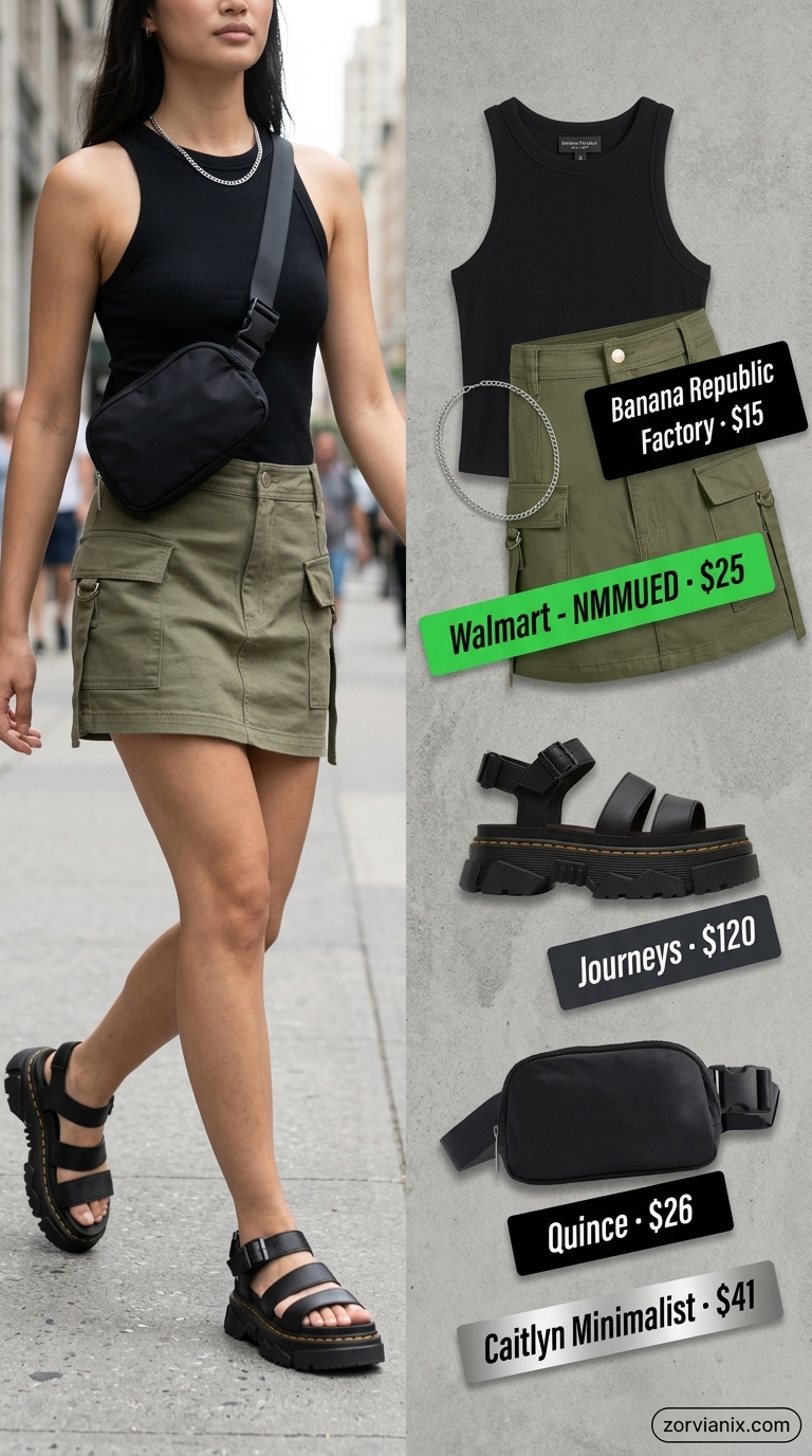 Comfy Cotton Summer Outfits 2026: Safari Chic Style Comfy cotton summer outfits for women 2026: Khaki cargo skirt, black tank, platform sandals for safari chic.