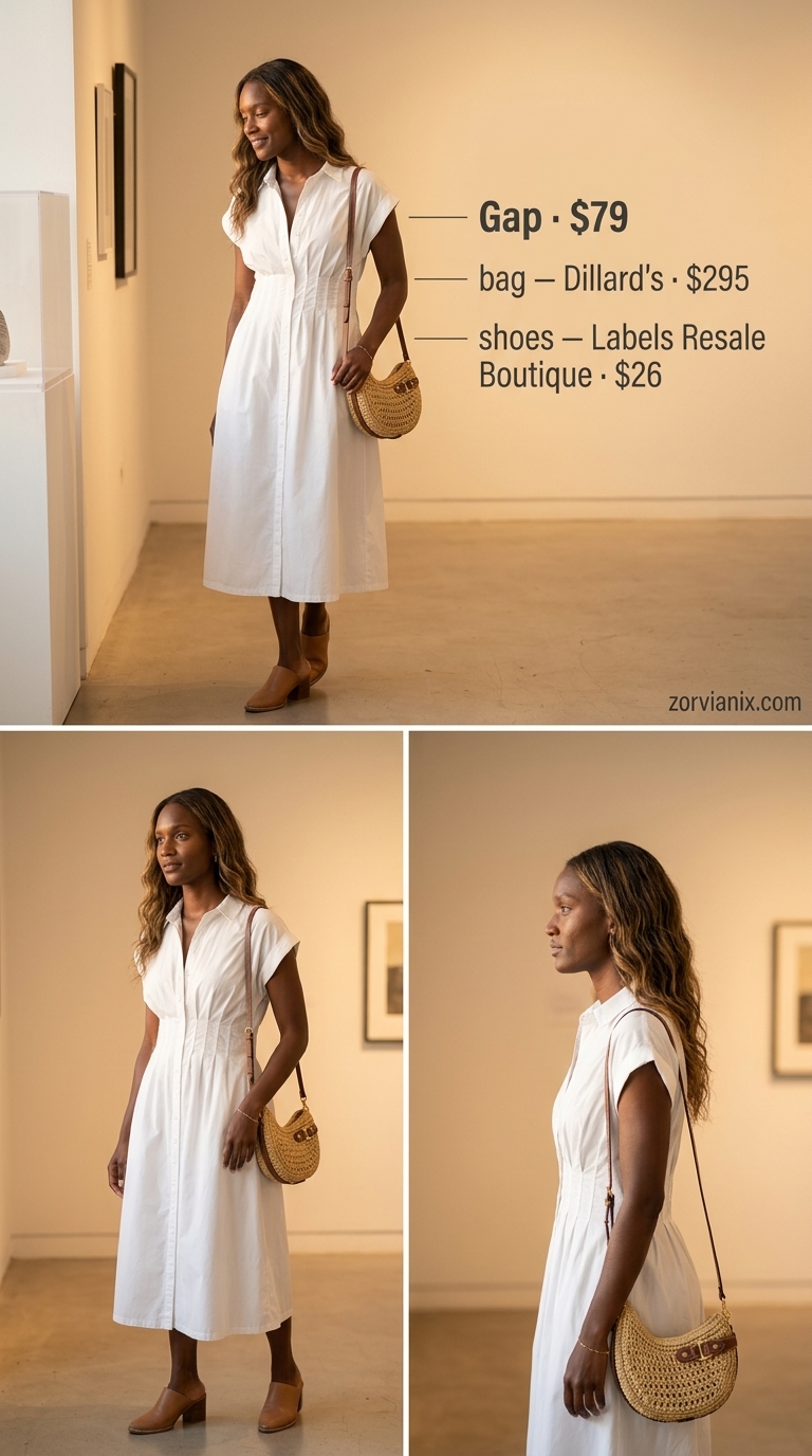 Comfy Cotton Summer Outfits 2026: Gallery Day Style Comfy cotton summer outfits for women 2026: White cotton midi shirt dress, tan mules, straw crossbody bag for polished look.