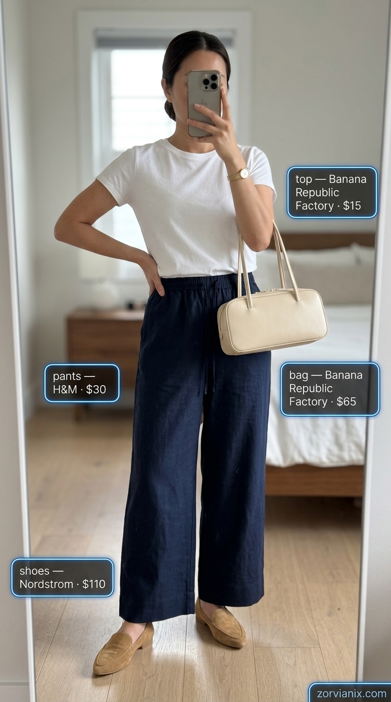 Comfy Cotton Summer Outfits 2026: Summer Brunch Elegance Comfy cotton summer outfits for women 2026: Navy wide-leg trousers, white tee, loafers for summer brunch.