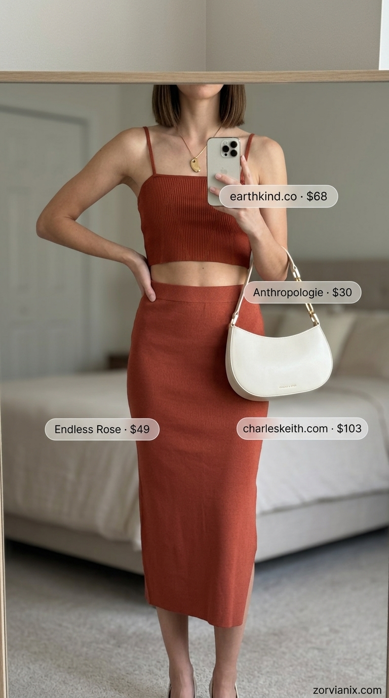 Comfy Cotton Summer Outfits 2026: Sunset Aperitivo Set Comfy cotton summer outfits for women 2026: Terracotta knit skirt and crop top set, heeled mules, and gold necklace for sunset aperitivo.