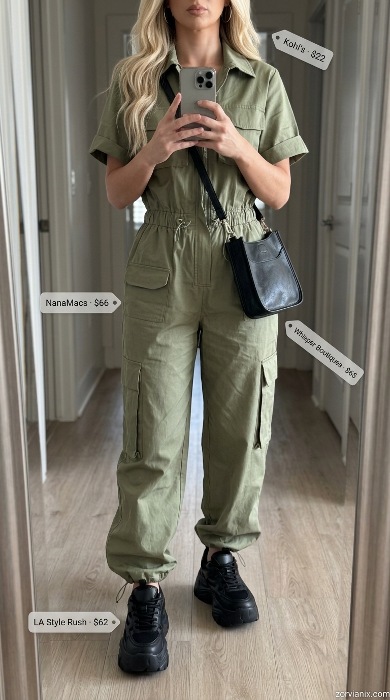Comfy Cotton Summer Outfits 2026: Urban Explorer Style Comfy cotton summer outfits for women 2026: Olive green utility jumpsuit, black sneakers for city exploration.