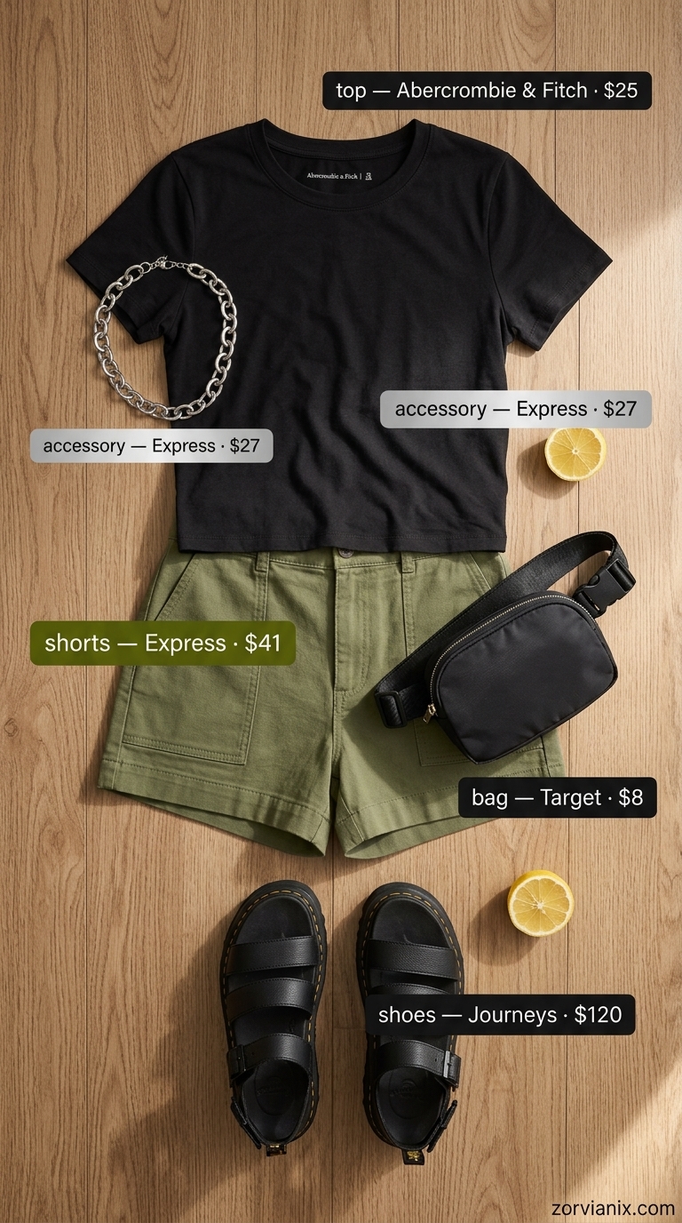 Comfy Cotton Summer Outfits 2026: Urban Utility Shorts Comfy cotton summer outfits for women 2026: Olive utility shorts, black tee, combat sandals for city exploration.