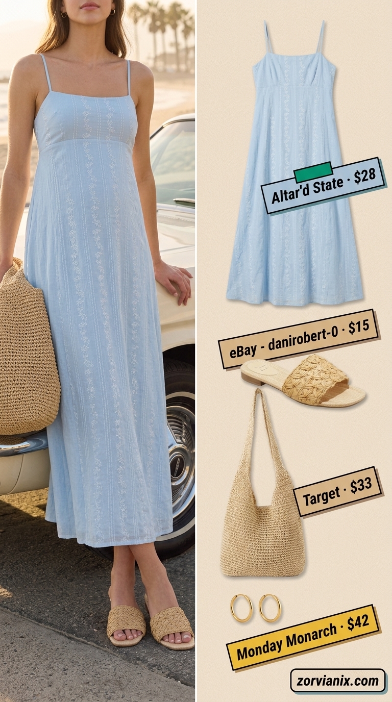Comfy maternity summer outfits 2026: Flowy blue floral maxi dress, straw tote, gold hoops, and slide sandals for a relaxed day out.