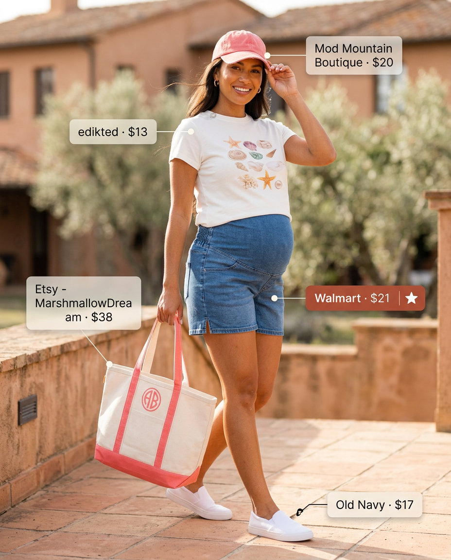 Casual maternity denim shorts & white graphic tee for comfy maternity summer outfits 2026. Perfect for errands.