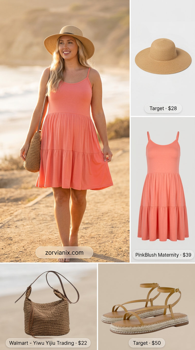 Coral maternity sundress for comfy maternity summer outfits 2026. Perfect for picnics and beach walks.