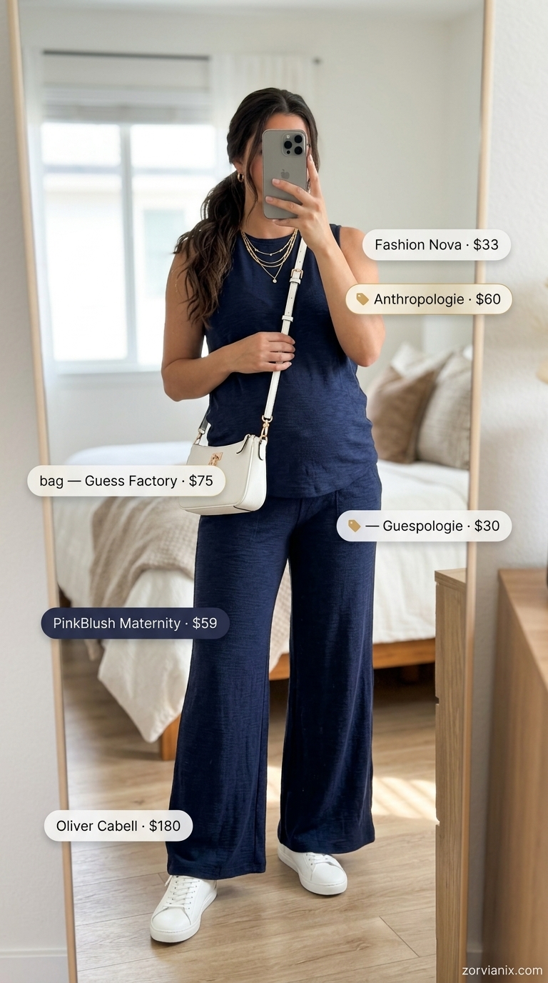 Navy blue knit maternity matching set for comfy maternity summer outfits 2026. Chic evening look.