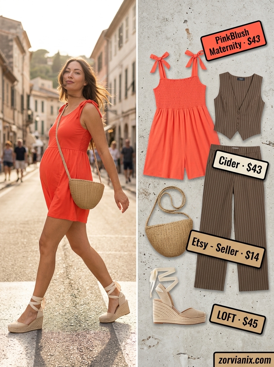 Comfy maternity summer outfits 2026: Coral romper, espadrilles, gold bracelets for a sunset cruise.