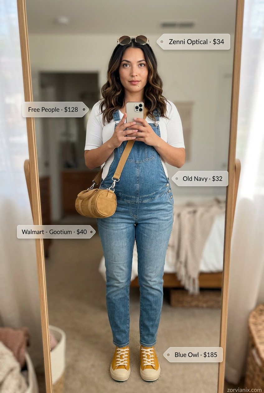 Medium wash denim maternity overalls for comfy maternity summer outfits 2026. Playful casual look.