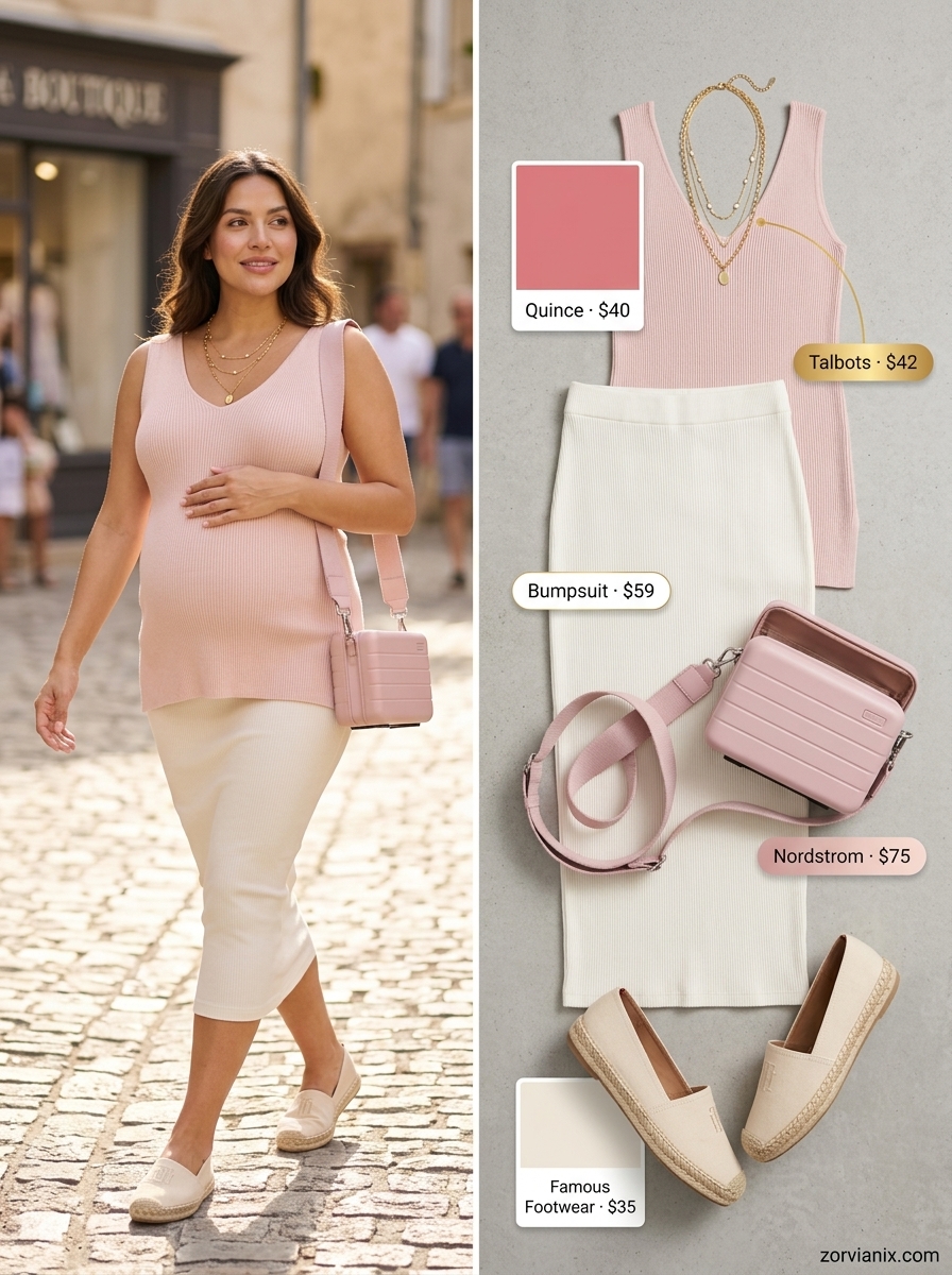 Comfy maternity summer outfits 2026: Blush pink tank, ivory midi skirt, espadrilles for shopping.