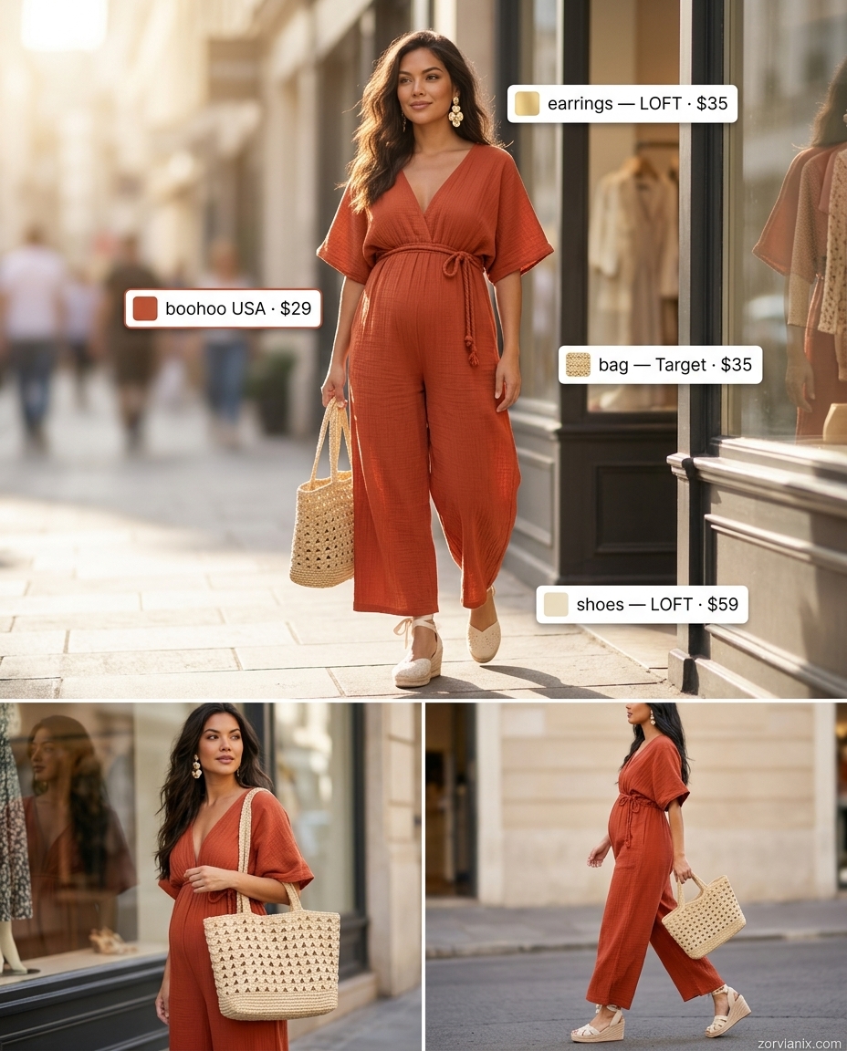 Comfy maternity summer outfits 2026: Terracotta linen jumpsuit, espadrilles, and gold earrings for travel.