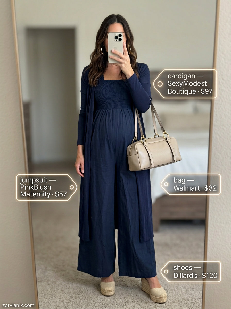 Comfy maternity summer outfits 2026: Navy wide-leg jumpsuit, heeled espadrilles, beige bag, and gold hoops for date night.