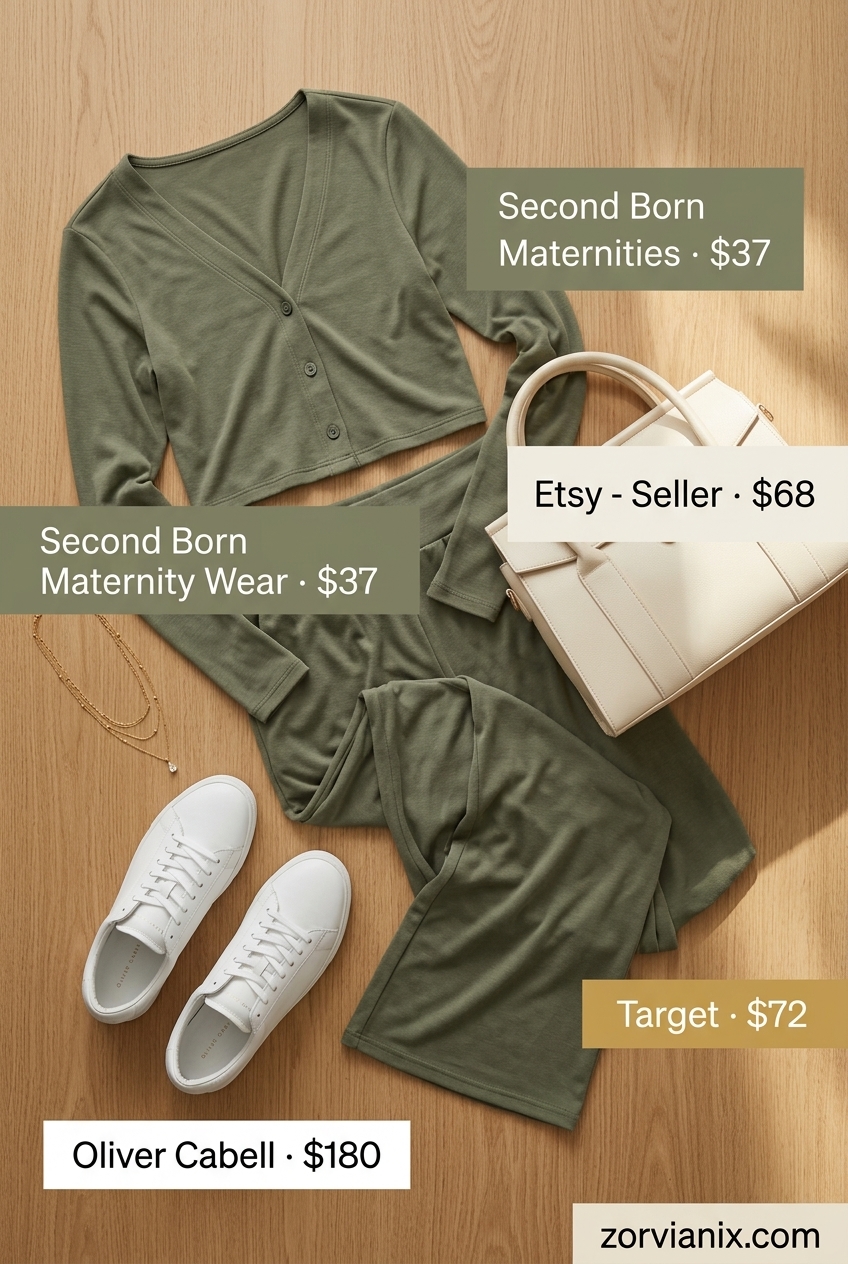 Comfy maternity summer outfits 2026: Olive green linen set, white sneakers, cream bag, and gold necklace for city errands.