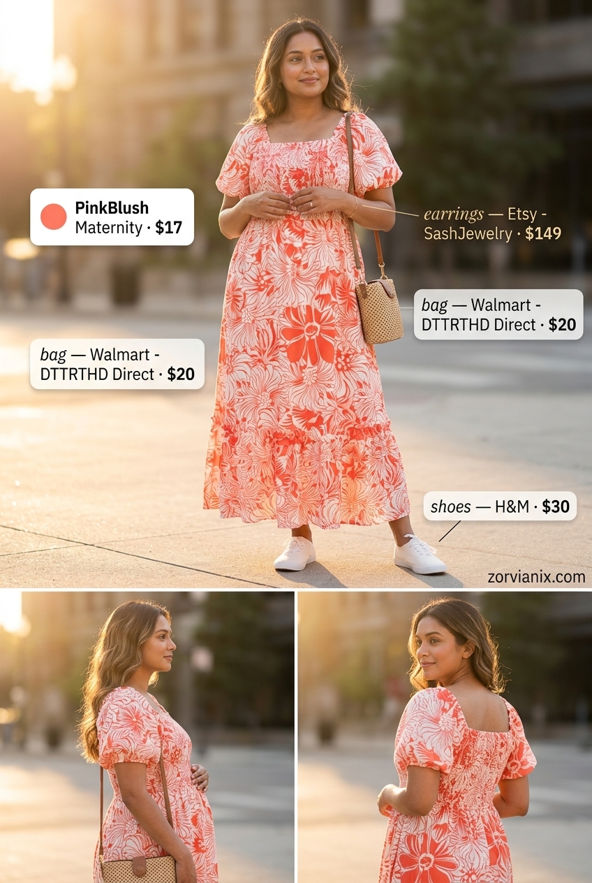 Comfy maternity summer outfits 2026: Coral floral sundress, sneakers, crossbody bag for a summer day.